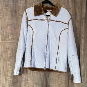 Falls Creek Women’s Zip Jacket, Baby Blue with Brown Trim.